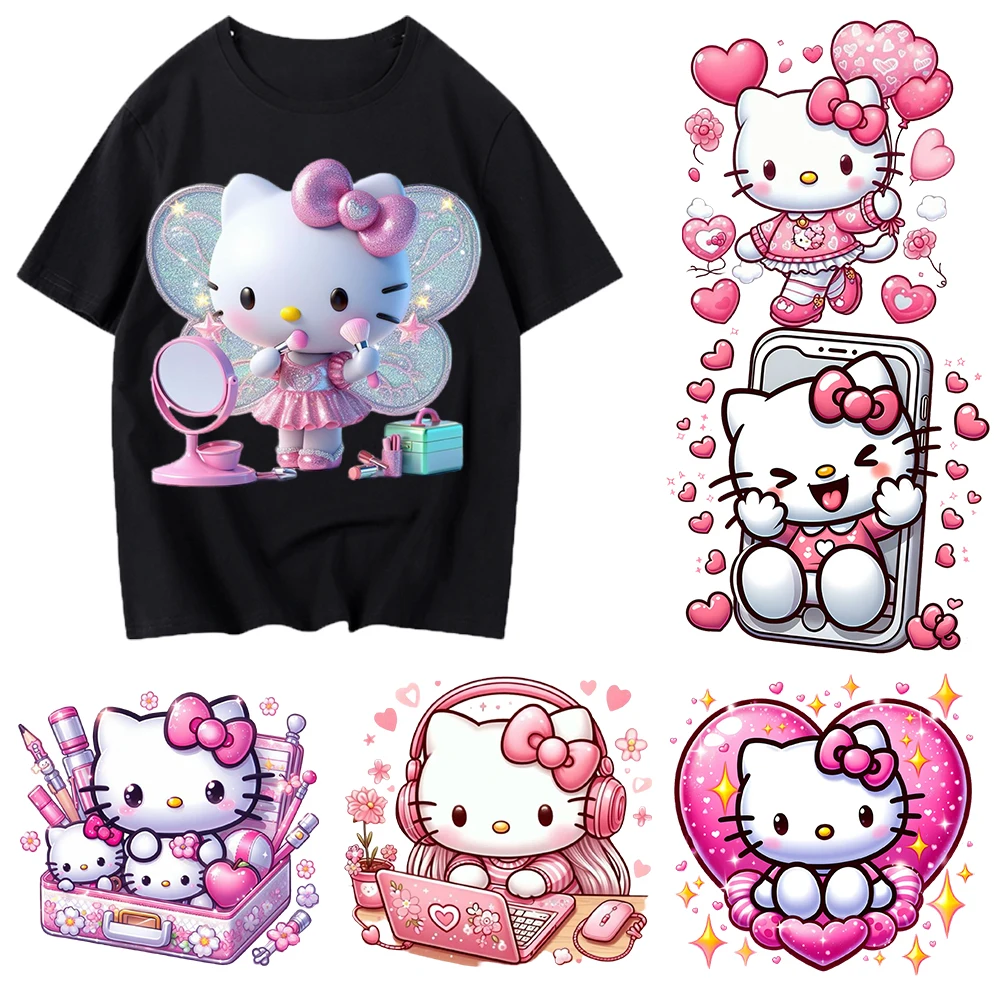 

Hello Kitty love Iron On Heat Transfer Stickers For Clothes DTF Pinted Vinyl Thermal Appliques Washable T-Shirt Decal