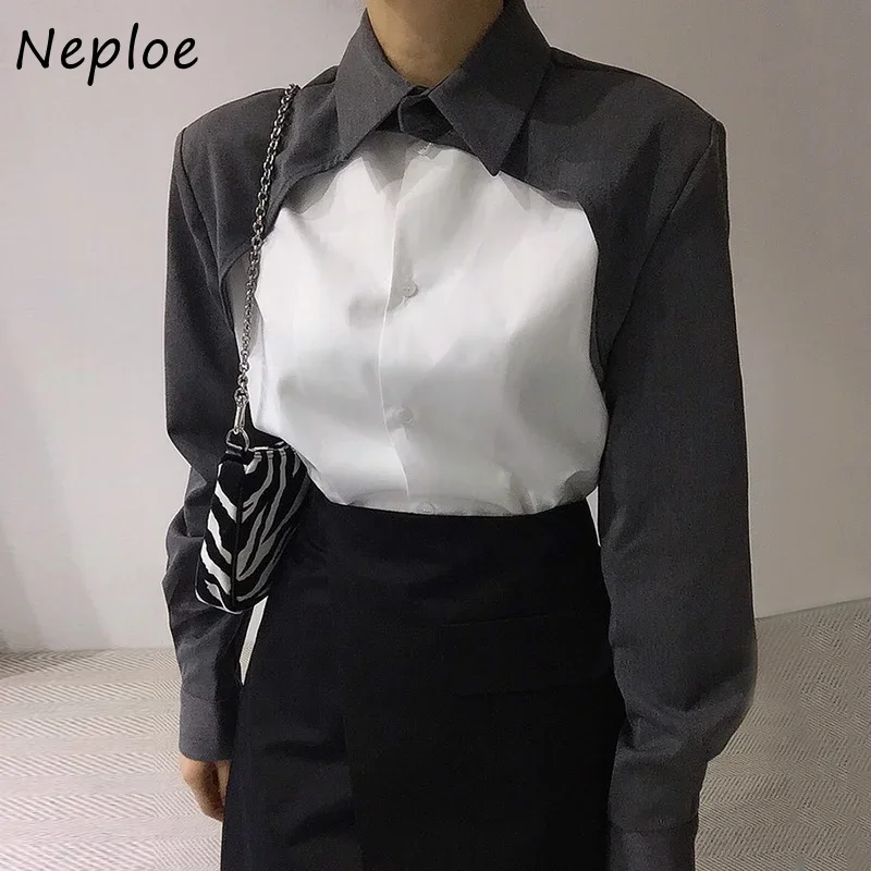 Neploe Temperament Personality Long Sleeved Shirt Woman Contrast Color Patchwork Blouse Female Versatile Single-breasted Shirts