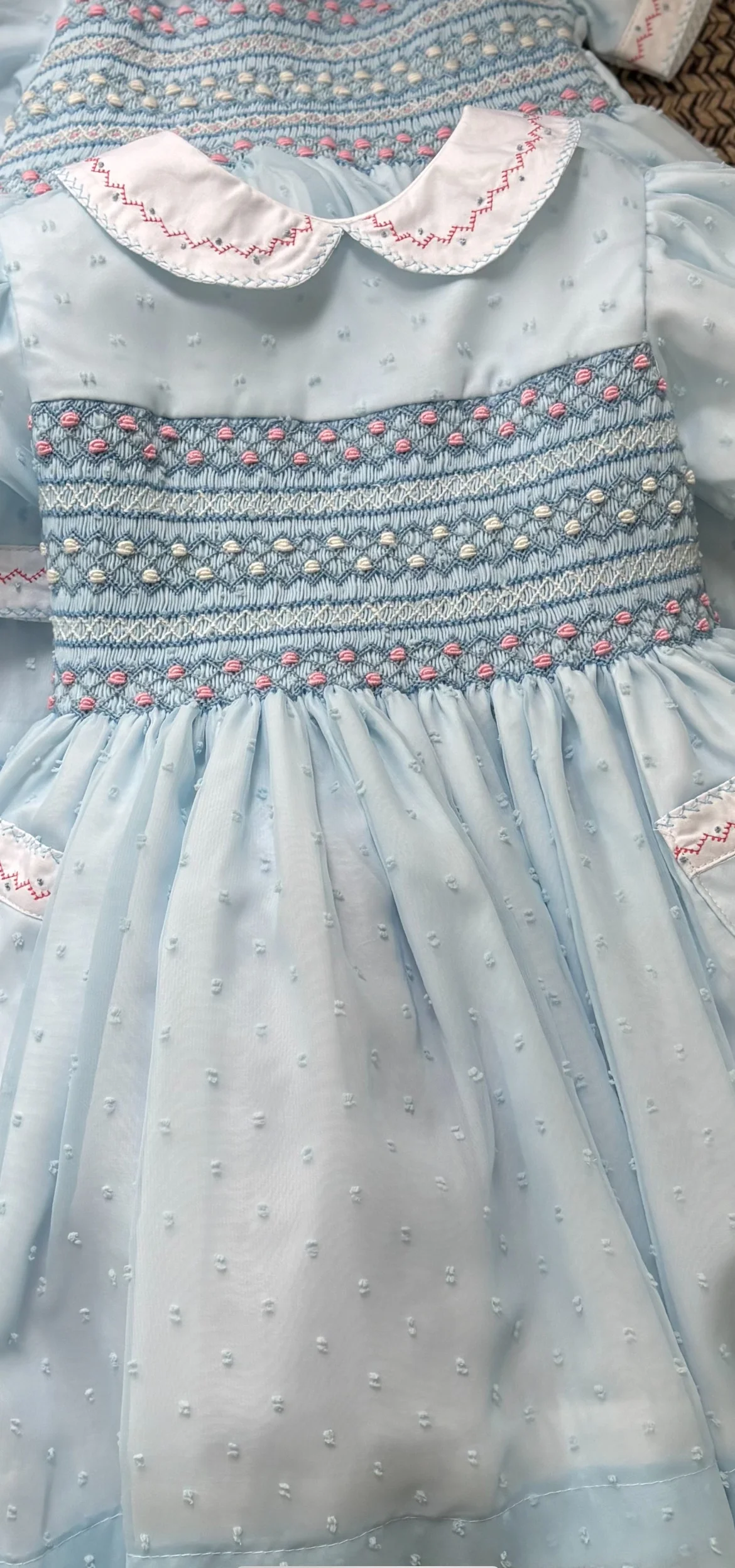 Summer Light Blue Hand Smocked Embroidery Baby Girl Princess Gown Dress for Birthday Party Holiday Photography A339
