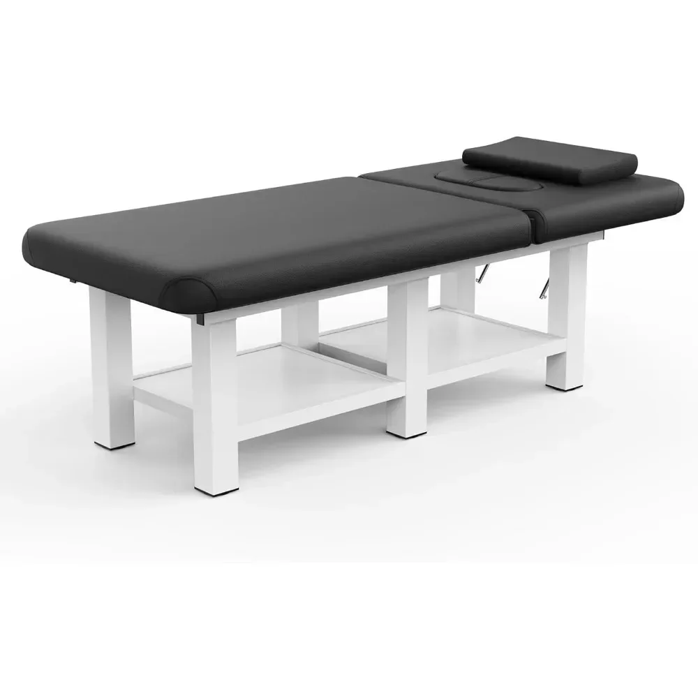 800LBS Heavy Duty Stationary Massage Table with Headrest, Professional Massage Bed Metal Frame & PU Leather  Segmented Structure