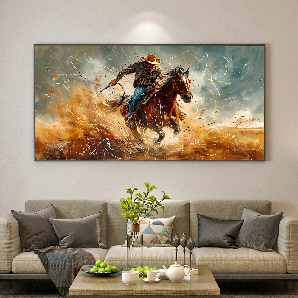 Modern Textured Cowboy Print Canvas Painting,Cowboy Riding A Horse Figure Poster Wall Art,For Living Room Bedroom Decor,No Frame