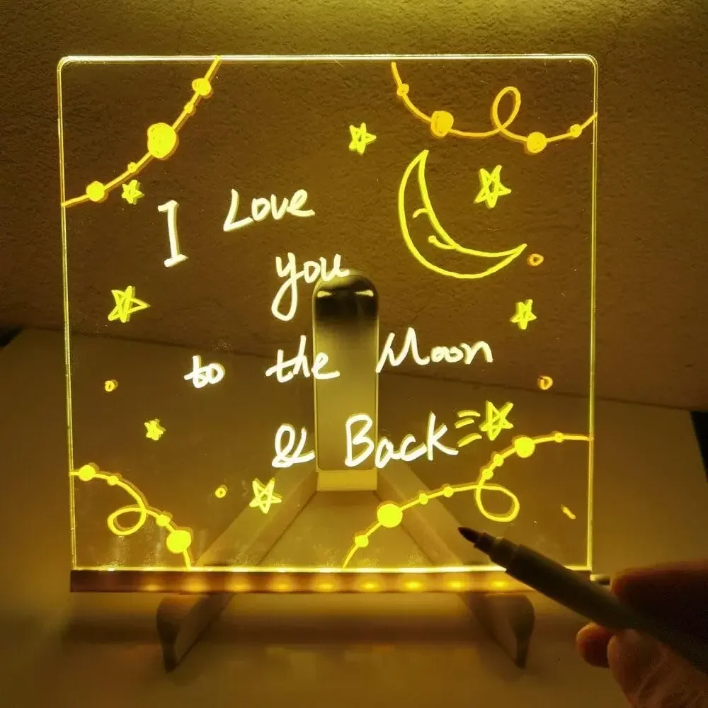 Tablero de notas LED con colores, dibujo acrílico brillante con tablero de borrado en seco iluminado con soporte como letra de notas brillante