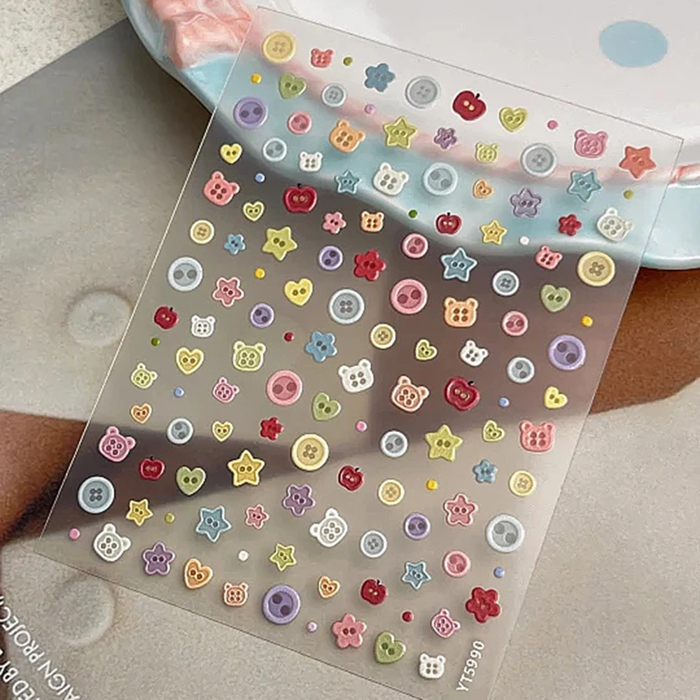 5D Embossed Cartoon Button Nail Stickers, Self‑Adhesive 3D Stereo Nail Art Decals DIY Manicure Decorations