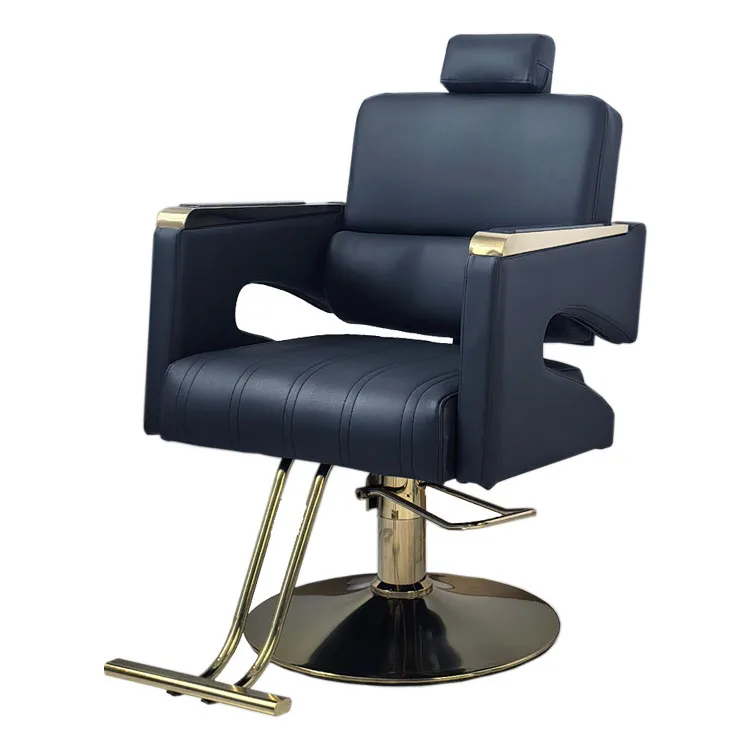 Premium Quality Leather Black Gold Reclining Barber Salon Chair 360 Degree Rotation Durable Hydraulic Salon Furniture