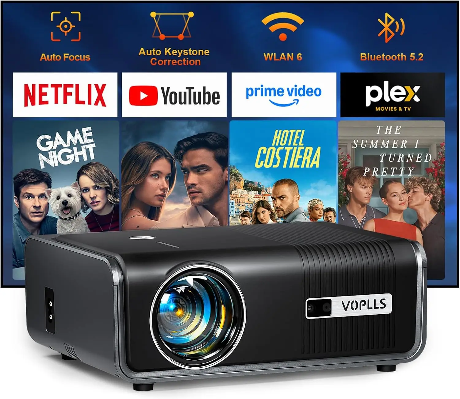 

[2000 ANSI & Officially-Licensed APP] 4K Smart Projector with WiFi and Bluetooth, Auto Focus & Keystone, Native 1080P Portable O