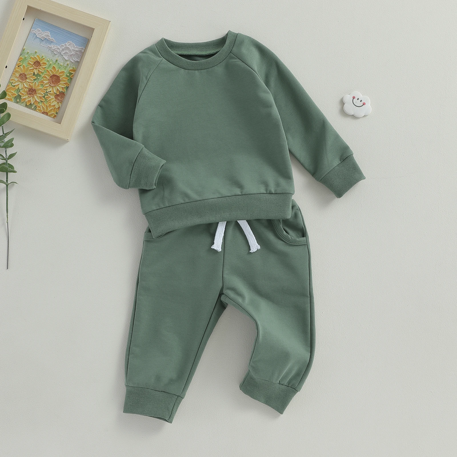 Pudcoco Newborn Baby Boy 2 Piece Outfits Solid Color Long Sleeve Sweatshirt and Elastic Pants for Toddler Fall Tracksuit 0-3T