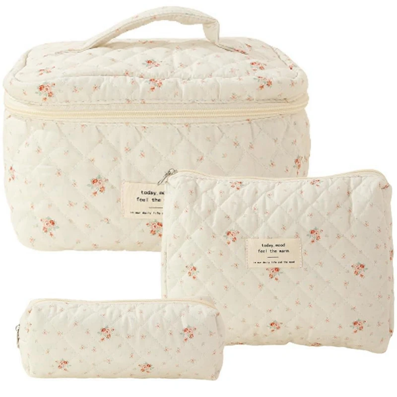 

Makeup Cosmetic Bag 3 Pcs Cotton Quilted Makeup Bag Aesthetic Floral Toiletry Bag For Women