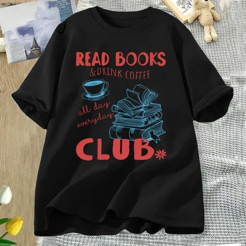 Reading Book and Coffee Club T-shirt Women Casual Short Sleeve Tshirt Clothing Vintage Bookish Tops Graphic Aesthetic Clothes