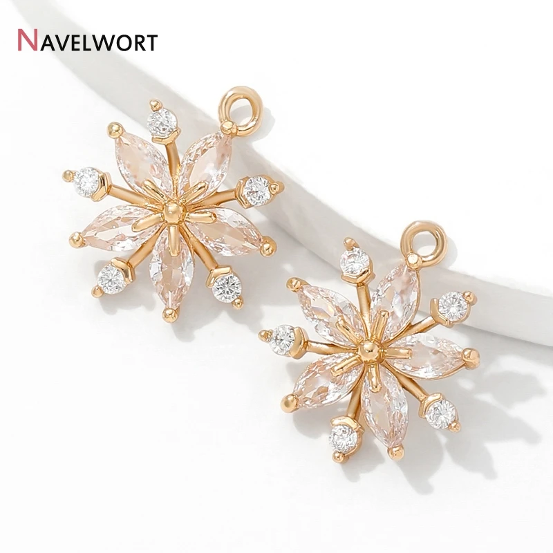 18K Gold Plated Brass Metal Inlaid Zircon Flower Shape Snowflake Charms Pendants Earring Charms,DIY Jewelry Materials view 2