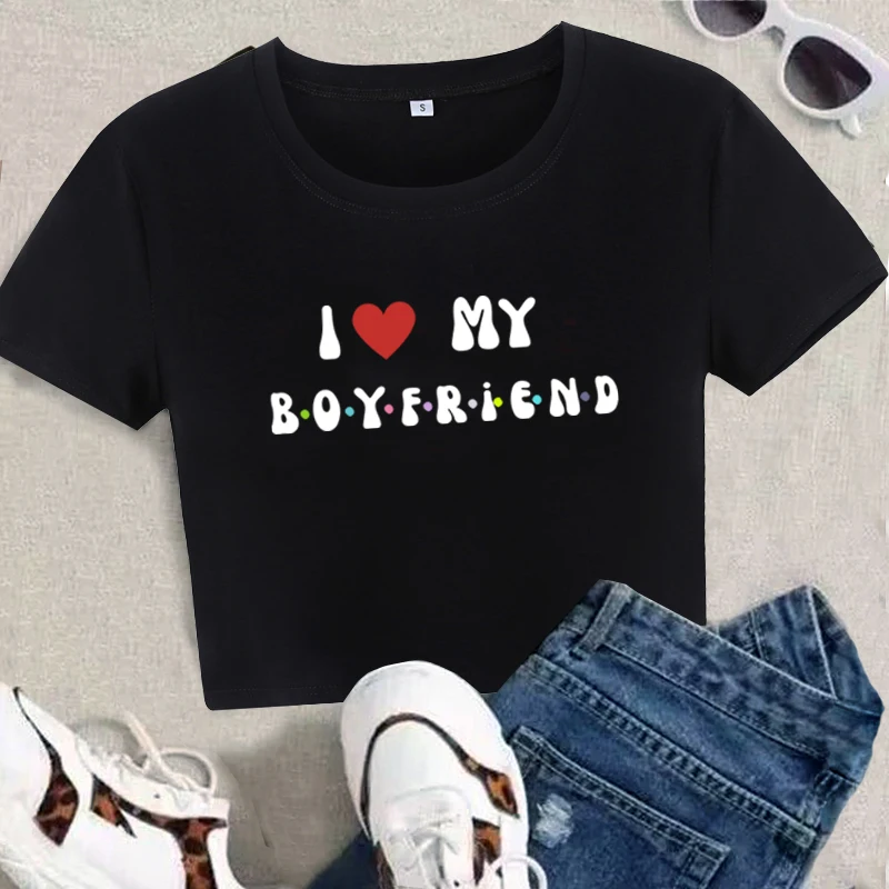 I Love My Boyfriend 2000s Crop Tops Kawaii Y2k Letter Printed Short Sleeves Aesthetic Graphic Cute Baby Tee Summer Women T-shirt