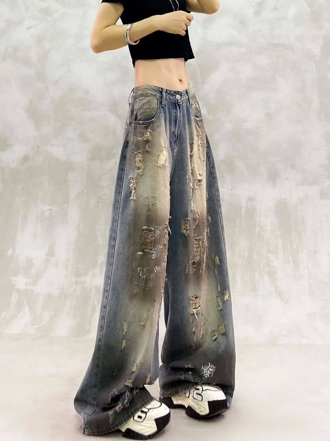 

Retro Washed Painted Casual High Waist Wide Leg Jeans Spring 2026 Denim Pants Loose Fit Straight Cut Floor Length Trousers
