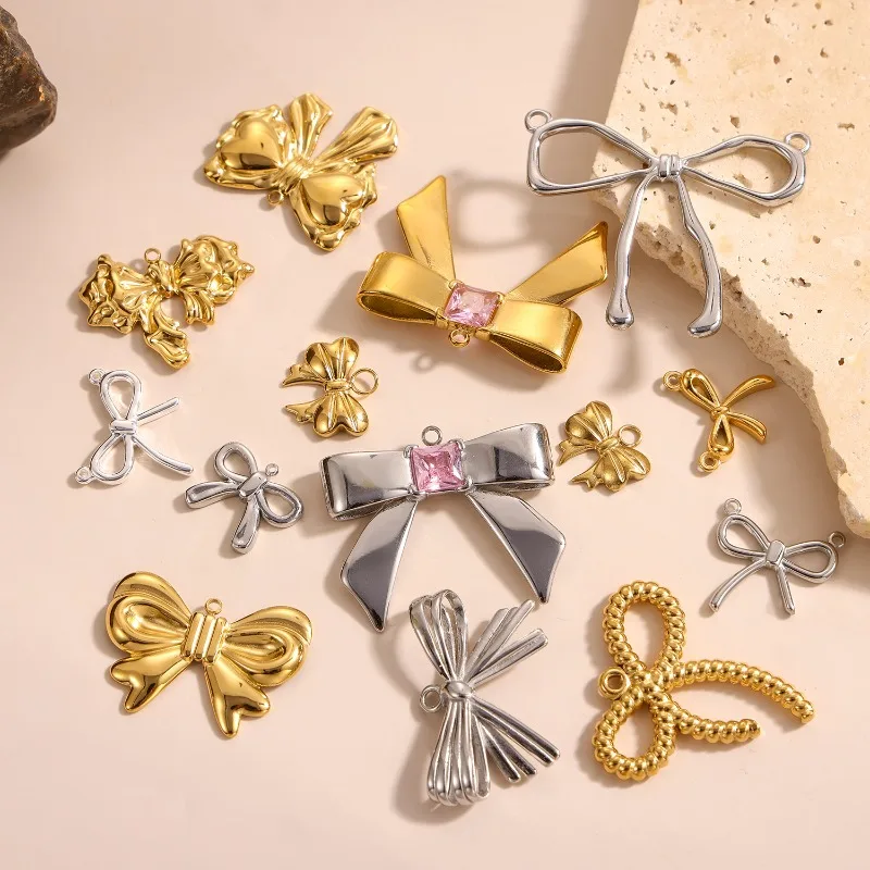 Sweet Bowknot Charm Pendants Gold & Silver Plated Multiple Styles With Pink Zirconia For Handmade DIY Necklace Bracelet Supplies