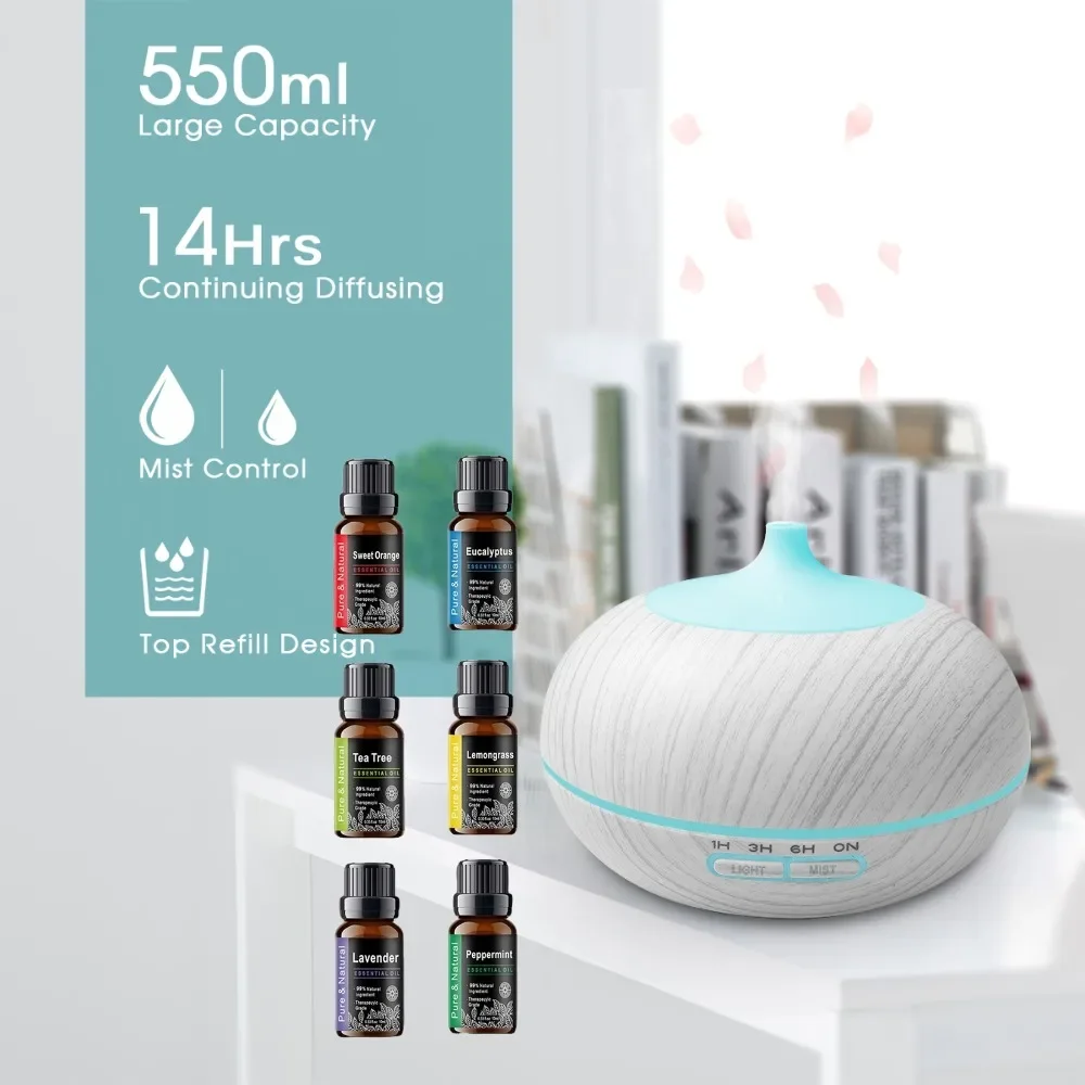 

Роскошный ультразвуковой диффузор класса Spa, емкость 550 мл, увлажнитель с деревянной отделкой с дистанционным управлением, 7 цветных светодиодных фонарей (включает 6 O)