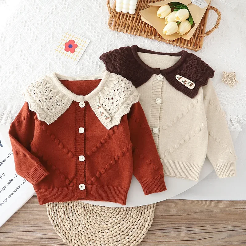 

Autumn New Girls Knitted Cardigan Ruffle Collar Contrast Color Textured Sweater 2-6Y Childrern Clothing