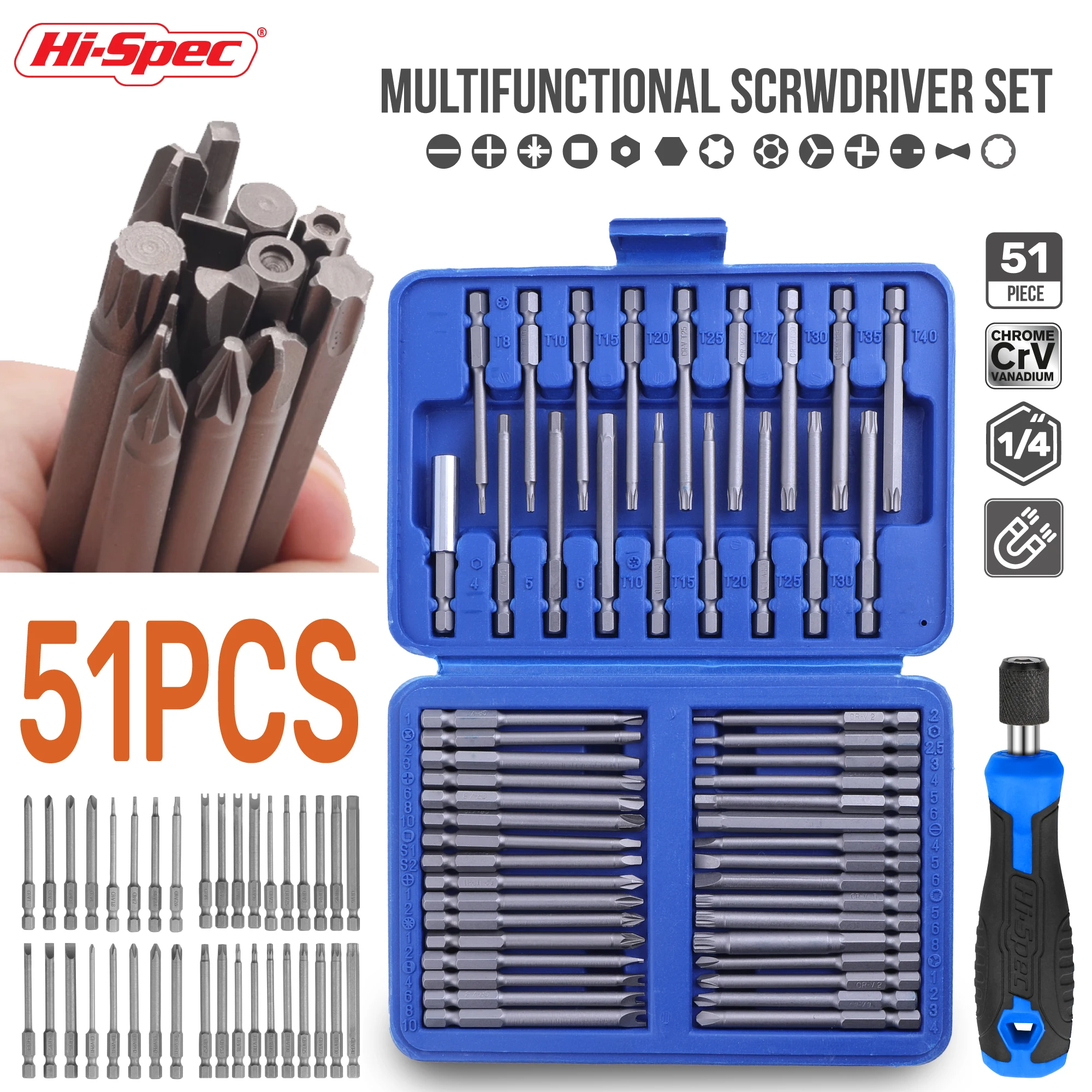 

Hi-Spec Hex Long Handle Screwdriver Set Security Head 1/4 Screwdriver Bits Kit Torx Hex Hand Tools 25/50/51pc For Electric Drill