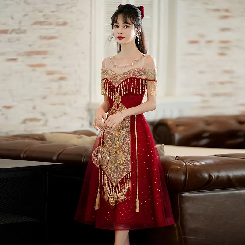 Bridal Dresses 2022 New Autumn and Winter Wine Red Temperament Chinese Wedding Dresses Wedding Engagement Dresses Lady