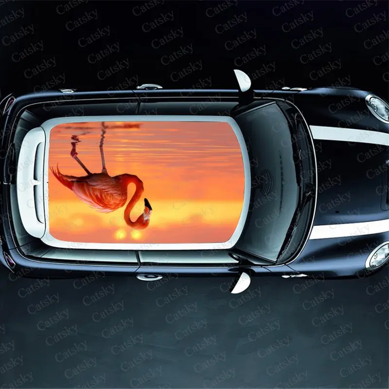 Orange Sunset Glow Flamingo Print Car Roof Sticker Wrap Racing SUV Auto Accessories Packaging PVC Car Hood Graphic Decal Decor