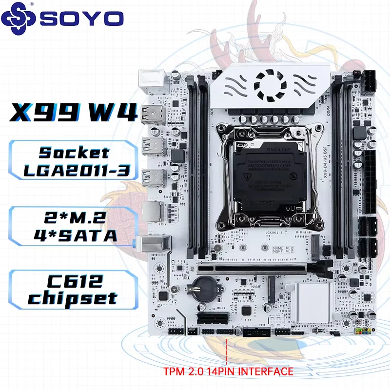 SOYO X99 Motherboard DDR4 LGA2011-3 mit M-Steckplatz 2, unterstützt C612-Chipsatz, Zweikanal-DDR4 SATA 3.0, weißer, kühlender gepanzerter Lüfter