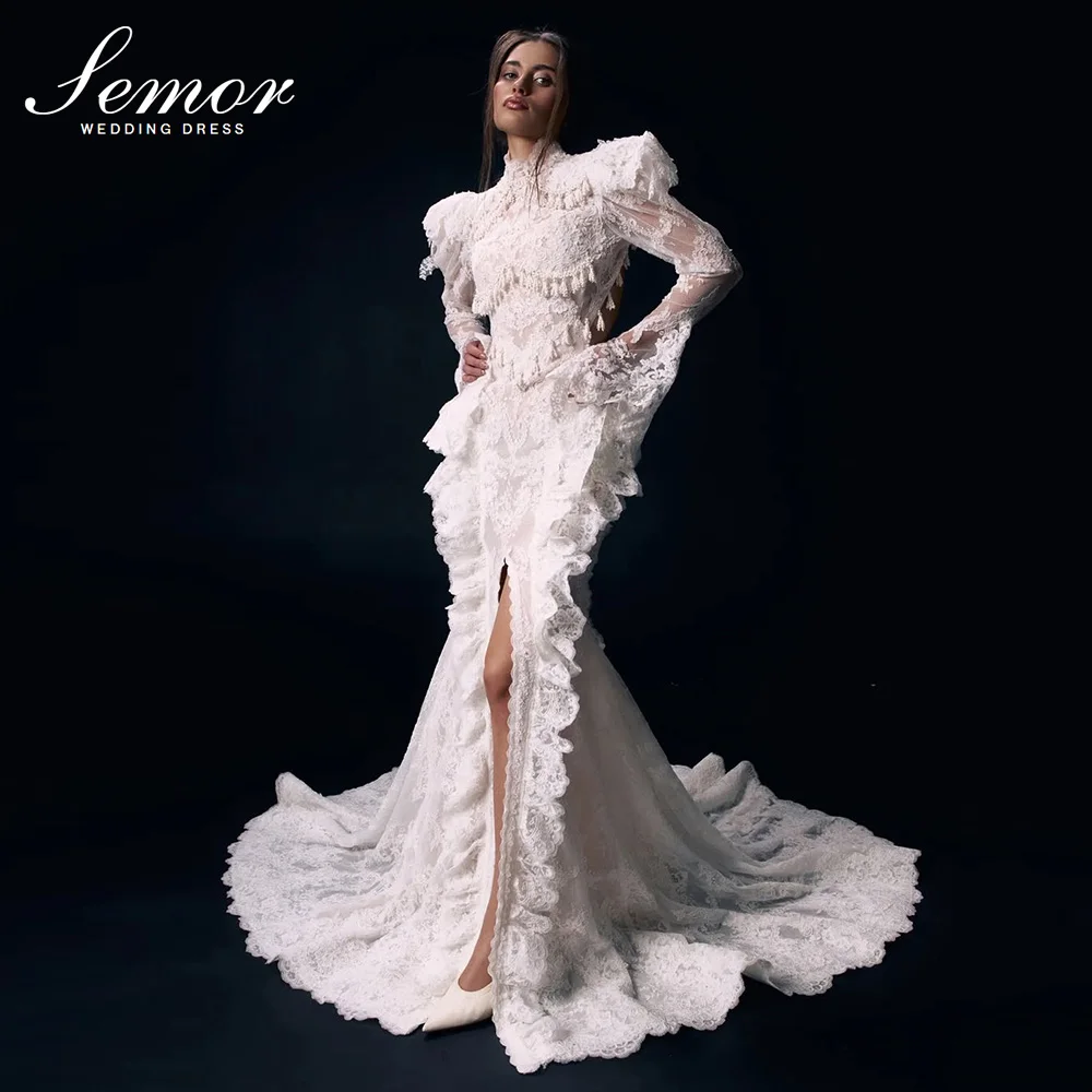 Semor Luxuriöses Perlen-Spitzen-Meerjungfrauen-Hochzeitskleid mit Kurzarm 2026 Maßgeschneidertes Sexy Rückenfreies Schlitz-Brautkleid Vestidos De Novia