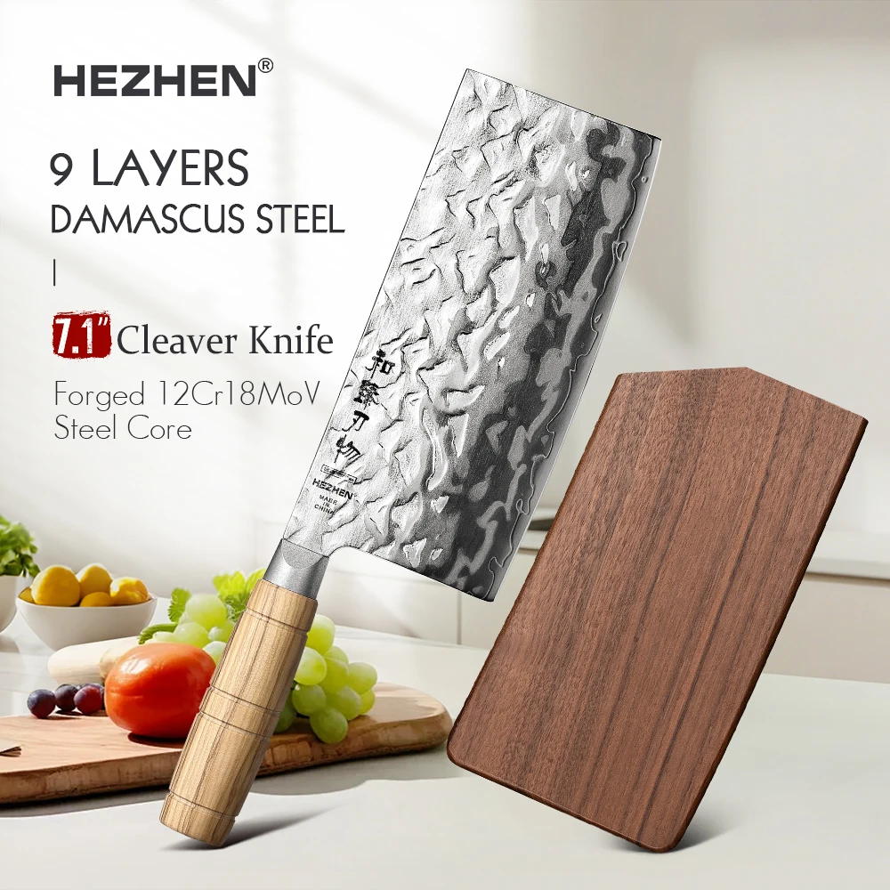HEZHEN 7.1 Inch Cleaver Knife Premium 9‑Layer Damascus Steel 12Cr18MoV Core Ergonomic Olive Wood Handle Kitchen Slicing Knife