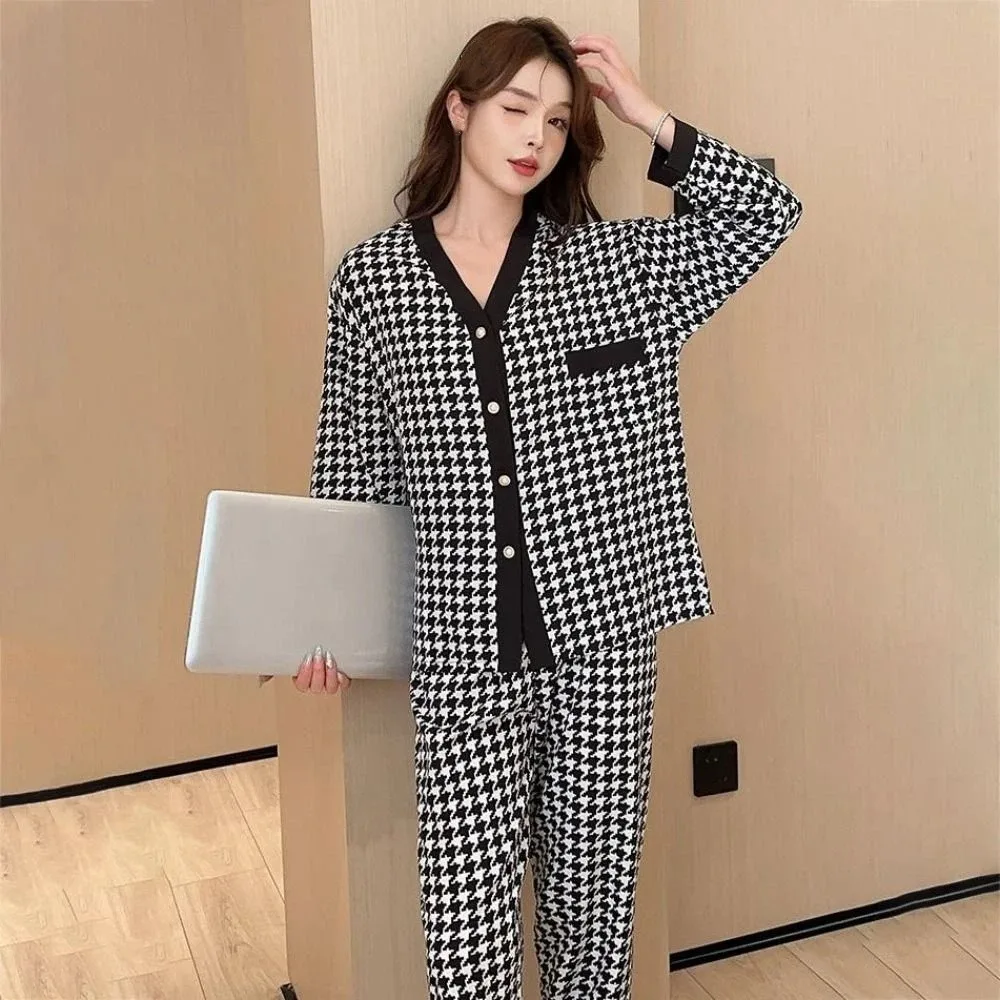 أزياء الخامس الرقبة شبكة منامة المرأة عارضة فضفاض قطعتين ملابس نوم ربيع الخريف Homewear ليوبارد ملابس خاصة مجموعة المنزل #1