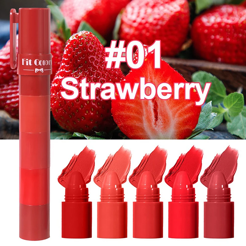 5-In-1 Fruit Velvet Matte Lipstick Set, Long-Lasting, Highly Pigmented, Moisturizing Lip Balm, Smooth Application For Soft Lips