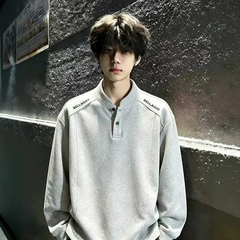 Henry Collar Hoodie Men's Autumn New Item Loose American Casual Long Sleeved T-shirt Base Shirt Fashion Simple Men's Clothing