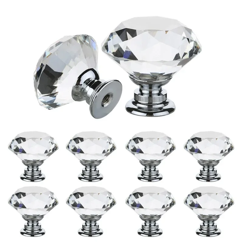 16Pcs/set Transparent Crystal Door Knobs Hardware Diamond Shape Design Crystal Glass Knobs Cupboard Drawer Pull Wardrobe Handles