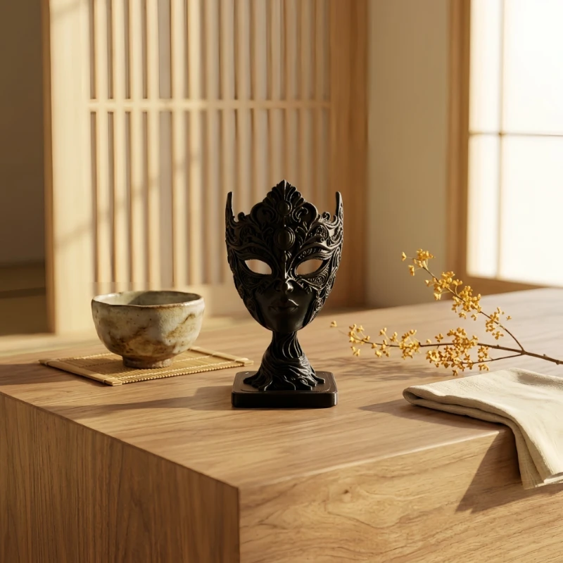 3D Printed Dark Masked Woman Statue – Home Office Desktop Decor Craft Figurine Display