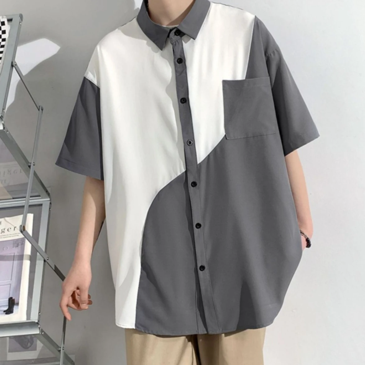 

Men Complete 3 Piece Set Stylish Versatile Workwear Shirt Outfit Summer Short Sleeve Ins Hong Kong Style