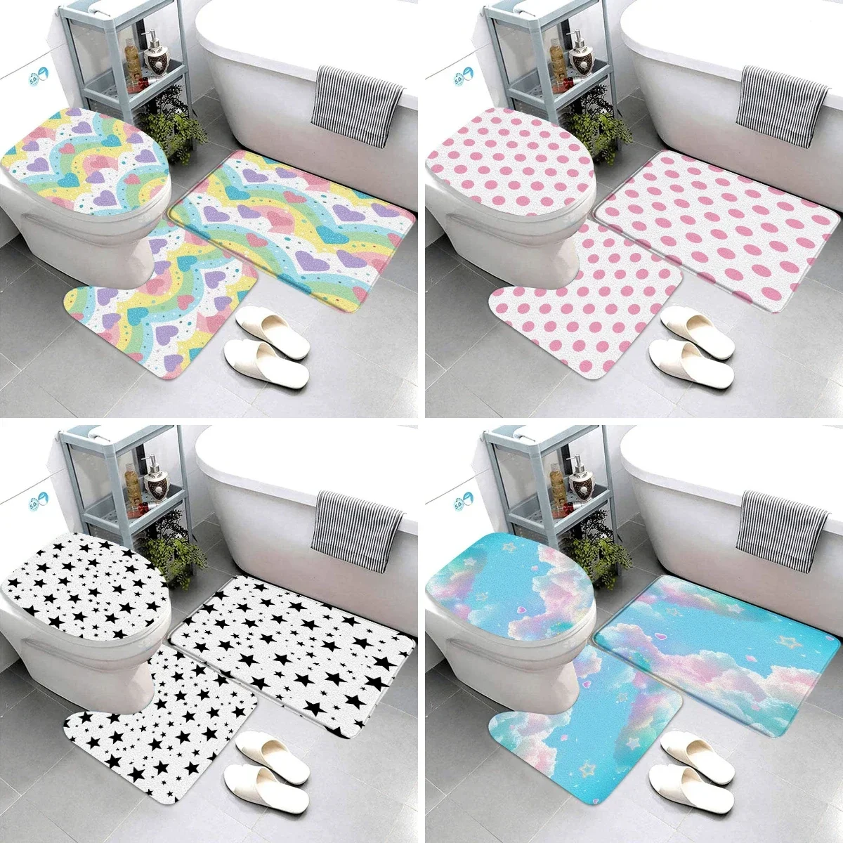 3 Pcs Colourful Hearts Pink Polka Dots Black and White Stars Bathroom Carpet Set Stars Cloud Bath Mat Toilet Seat Bathroom Decor