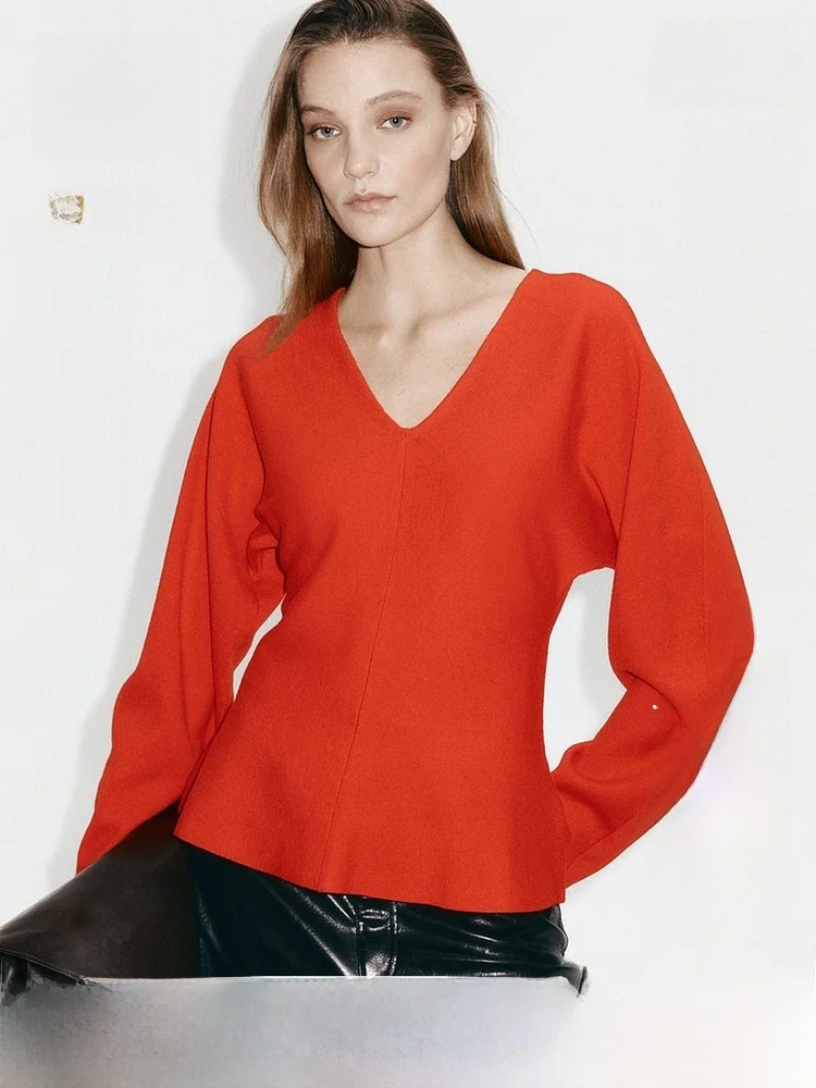 

H&M Women's Knitted Sweater Summer New Style Slim Fit V-Neck Red Base Shirt Casual Style Wool Polyester Acrylic Blend