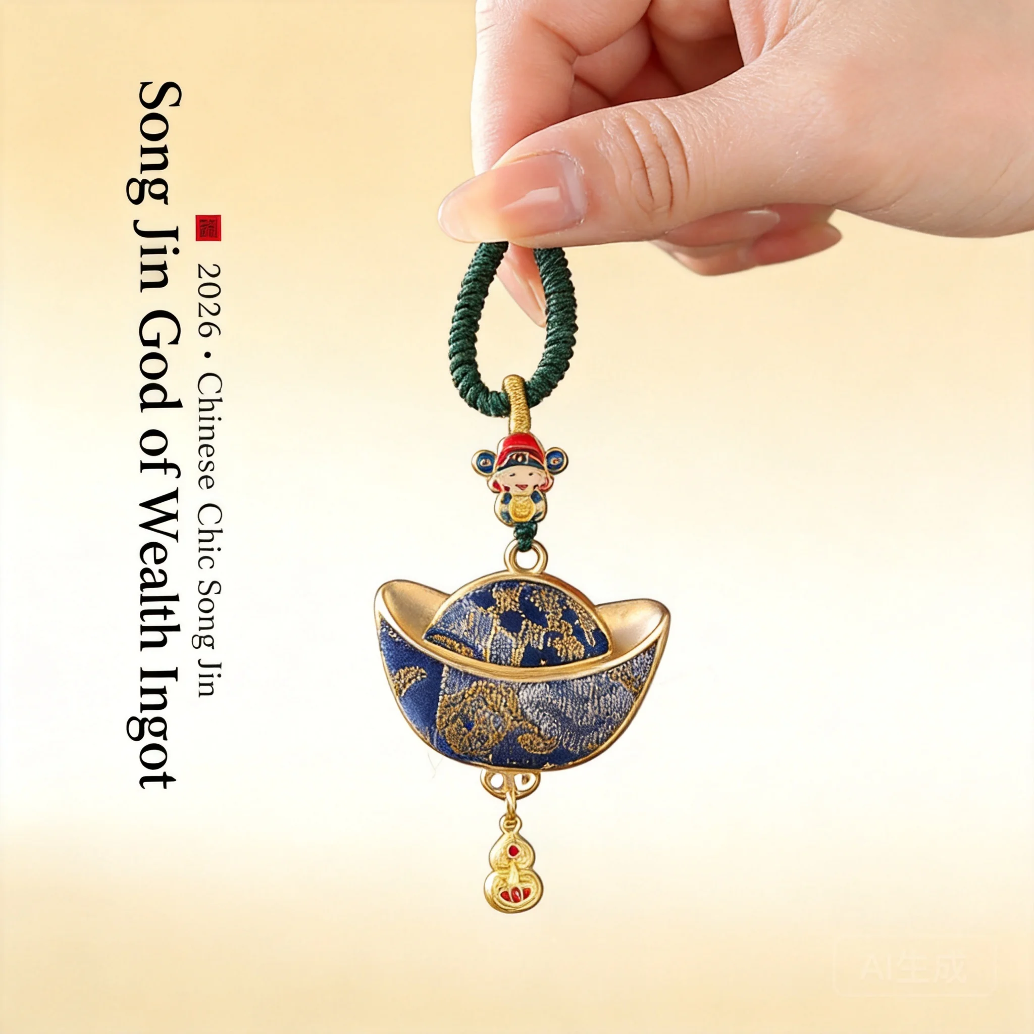 Exquisite Song Brocade God of Wealth Ingot Pendant Charm, Multi-Purpose Bag Hanger Car Ornament Keychain Decor, 6 Color Optional