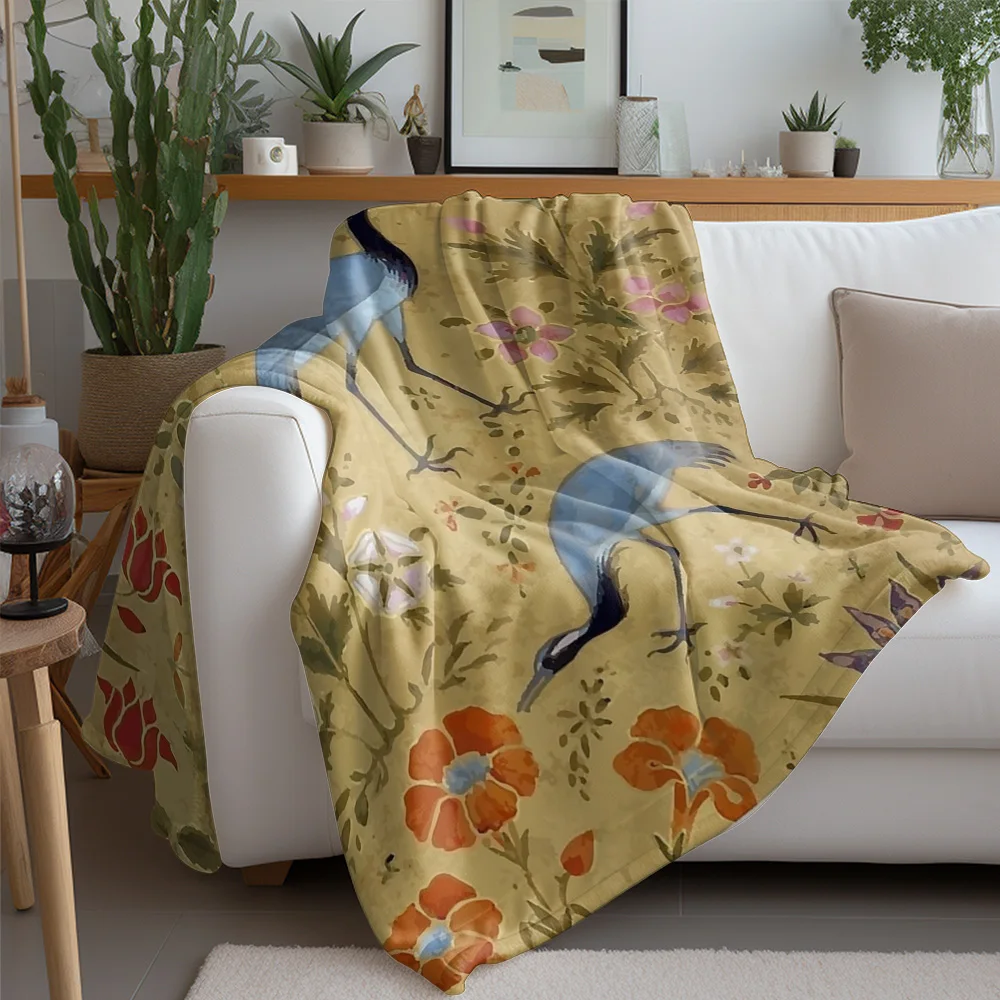 خمر النمط الصيني كرين الأزهار طباعة الصوف بطانية لينة الدافئة رمي غطاء أريكة تتحول لسرير هدية