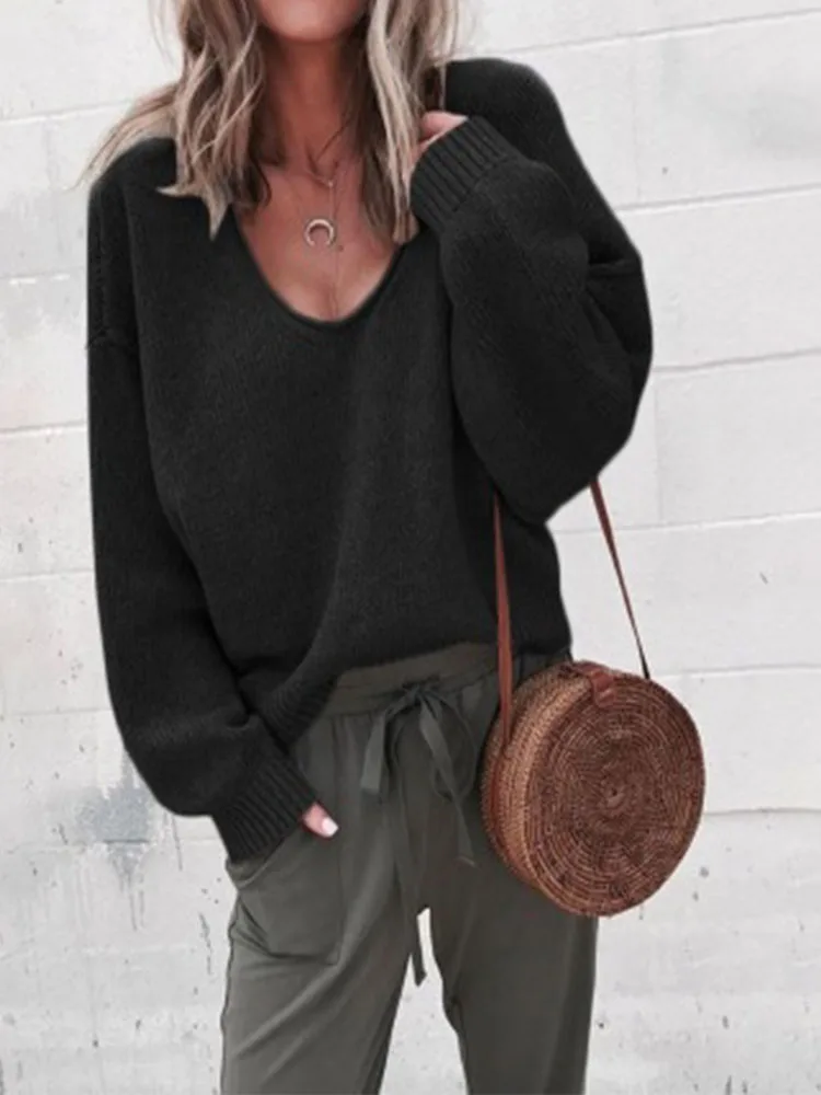 Casual Knitted Sweater Women Streetwear V Neck Long Sleeve Pullovers Loose Solid Coat 2024 Autumn Winter Fashion Women\'s Sweater