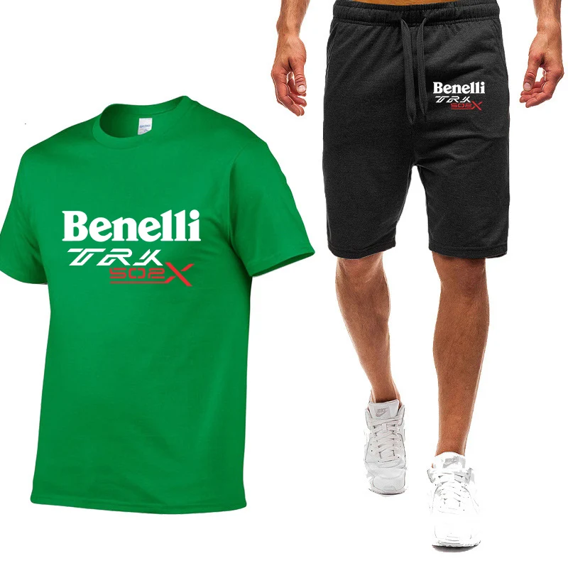 

2025 Summer Man's Benelli TRK 502X MOTORCYCLE Logo Print Versatile Short Sleeve Fitness T-shirt+Leisure Sports Pants Suits