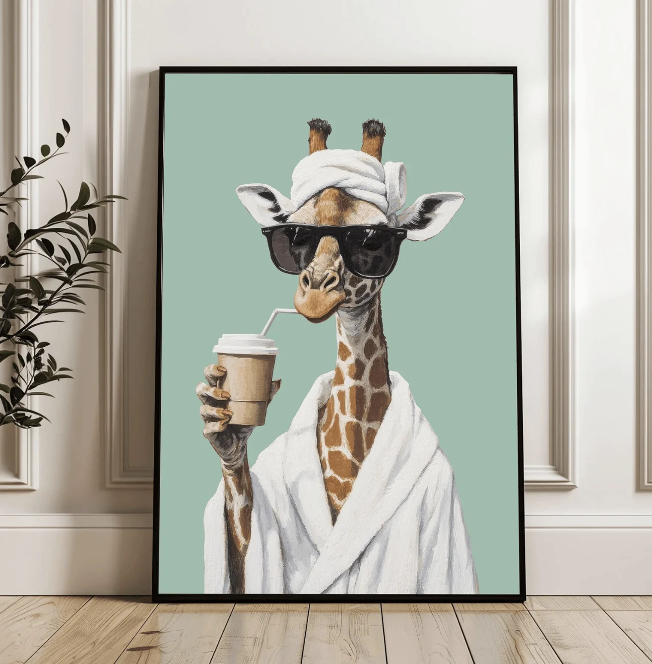 (No frame)Cool Giraffe Bathrobe Towel Coffee Canvas Wall Art Prints Decor, Animal Picture for Bathroom, Washroom, Bedroom, Ca