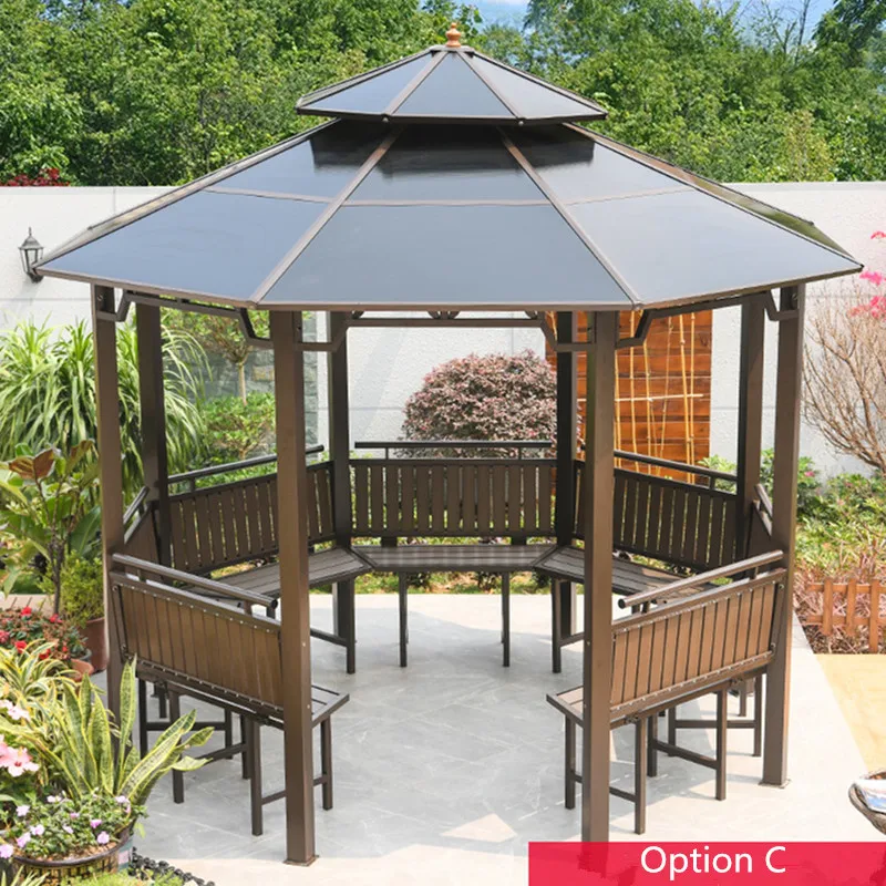 Dia 3.5meter Octagonal Pavilion Outdoor Gazebo Patio pergola Galvanized steel PC Hardtop Sun Room Carage Shelter dark brown New