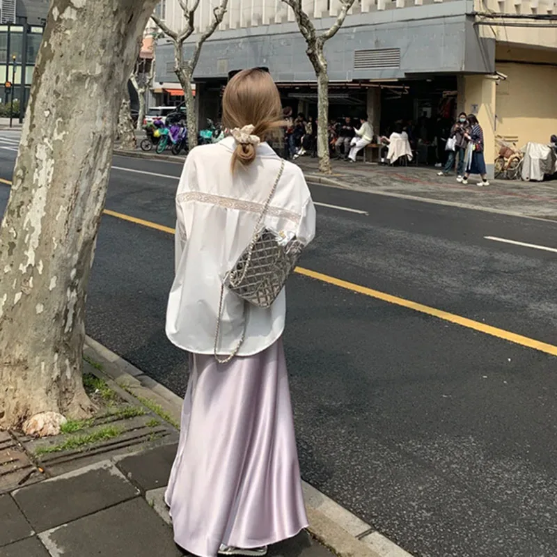 Falda larga de satén de verano 2025 para mujer, elegante falda de cola de pez lisa con cintura elástica para oficina, faldas largas acampanadas coreanas Chic