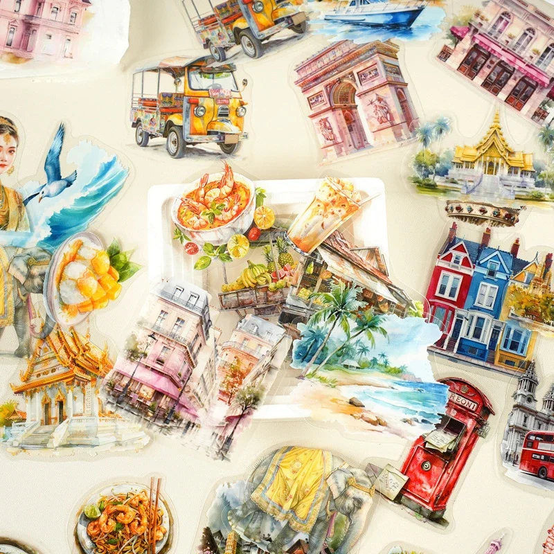 

30pcs/pack Transparent Sticker Bag Holiday Trip London Paris Swiss Thai Maldives Landscape for Journaling Scrapbook Collages