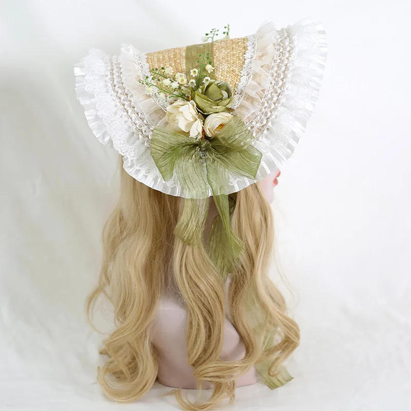 Lolita Headwear Bonette Bow Lace Straw Hat Picnic Basket Bag Girl Spring Summer Hat