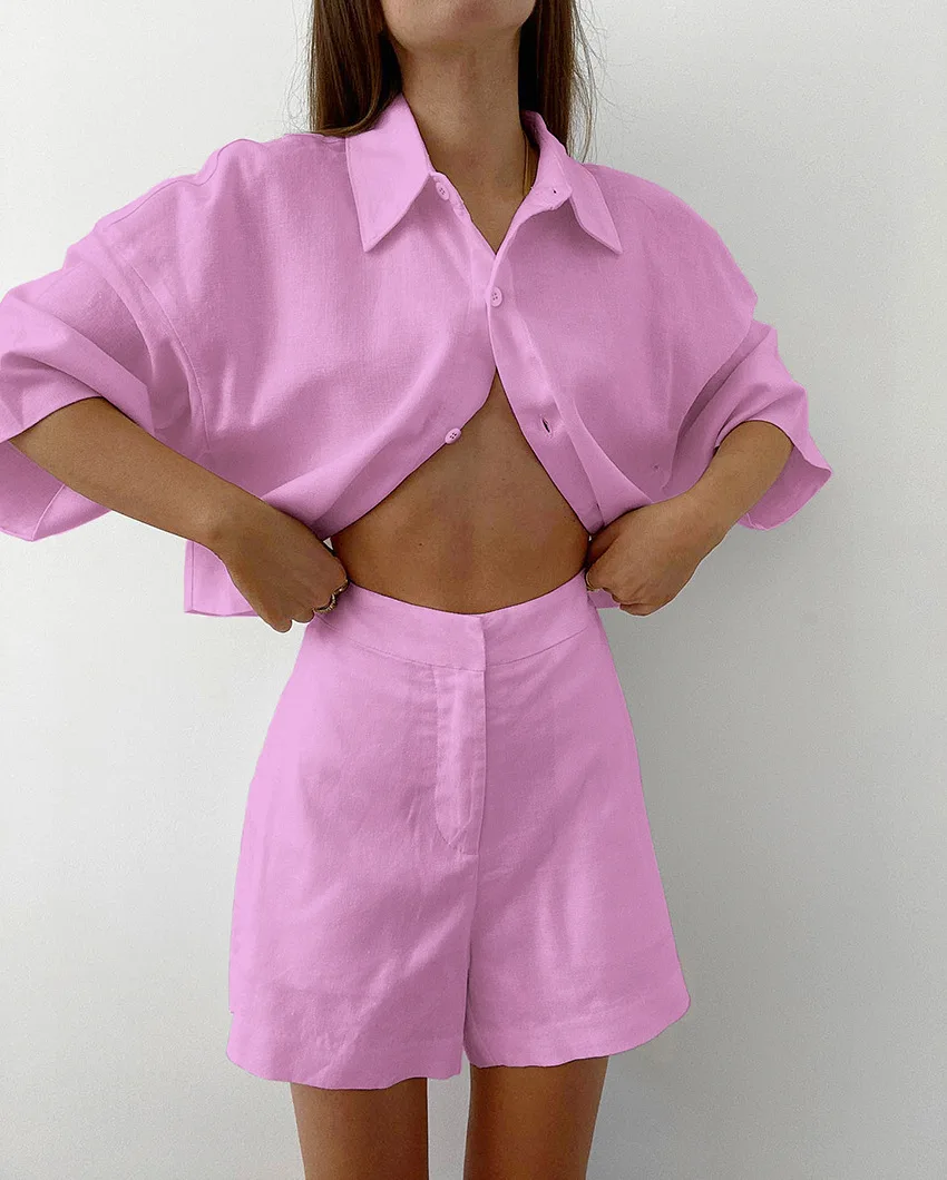 Modisches Hemd aus reiner Baumwolle, zweiteiliger Anzug, Sommer, neue Fünfviertel-Ärmel-Shirts + Shorts-Anzug, 2025, einreihige Damen-Top-Sets