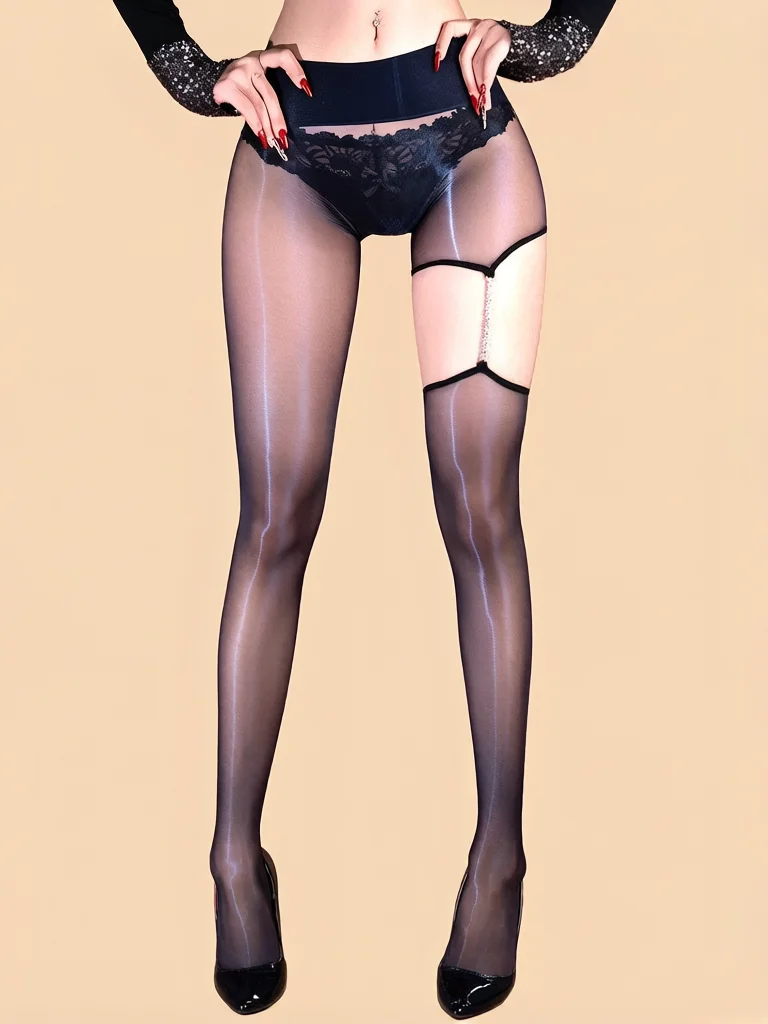 Double Color Single Leg Hollow Out Chain Pantyhose Women's Oil Shiny Glossy Sheer See Through Tights Fashion Stocking Nightclub