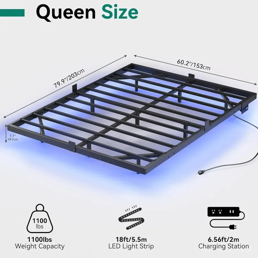 LED Bed Frame with Charging Station, Metal Platform Bed with Heavy Duty Steel Slats, No Box Spring Needed, Easy Assembly