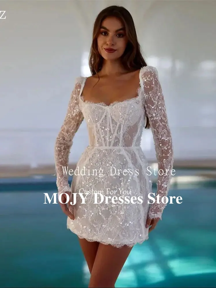 Mojy современное блестящее свадебное платье с блестками и длинными рукавами, сексуальное короткое платье Vestidos De Novia Boda Robe De Mariée 2025 по индивидуальному заказу
