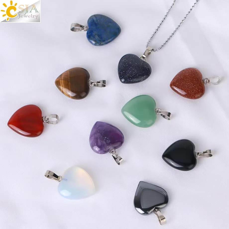 CSJA Natural Stone Heart Necklace Reiki Healing Crystal Blue Brown Sand Opal Pendant Lover Chain Jewelry E757