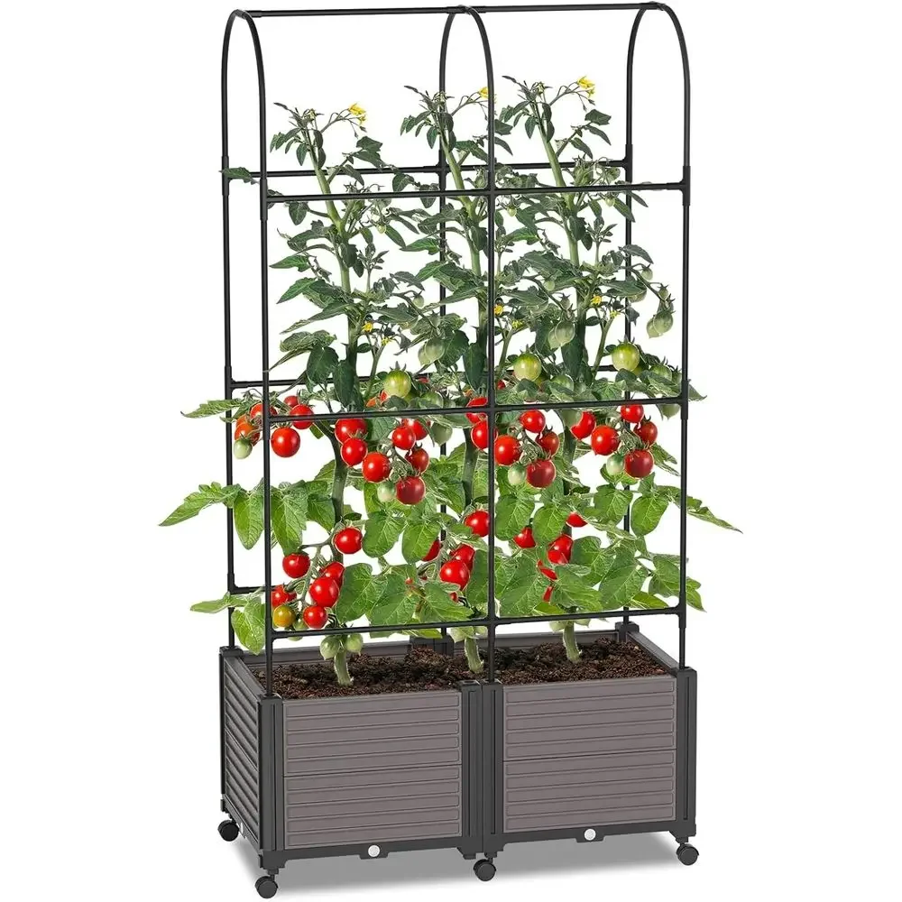 Outdoor Rolling Garden Planter with Trellis and Watering System for Tomatoes and Climbing Plants