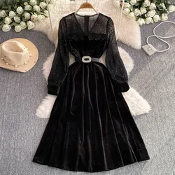 Vintage Lantern Sleeve Elegant V-neck Lace Spliced Velvet Slim Sashes Dresses French Evening High Street Autumn Winter Clothing