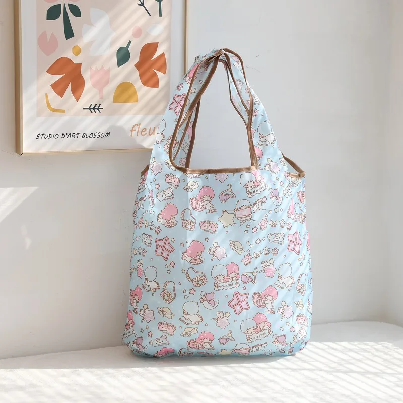 Cute Cartoon Little Twin Stars Portable Foldable Supermarket Shopping Bag Large Eco-friendly Grocery Handbag Waterproof Tote Bag