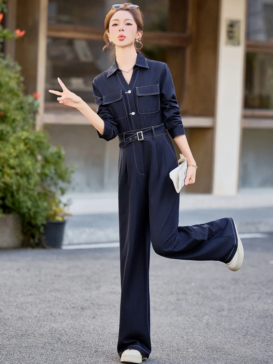 

Spring 2026 New Women's One-Piece Denim Overalls Slimming Faionable High Waist Polyester Fiber Button Closure Casual Pants